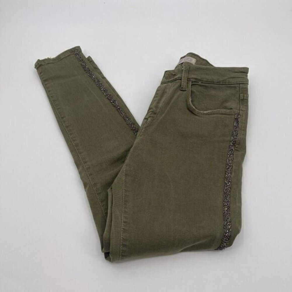 Zara Womens Jeans 6 Green Beaded Stretch Preppy Casual Pockets Rhinestone